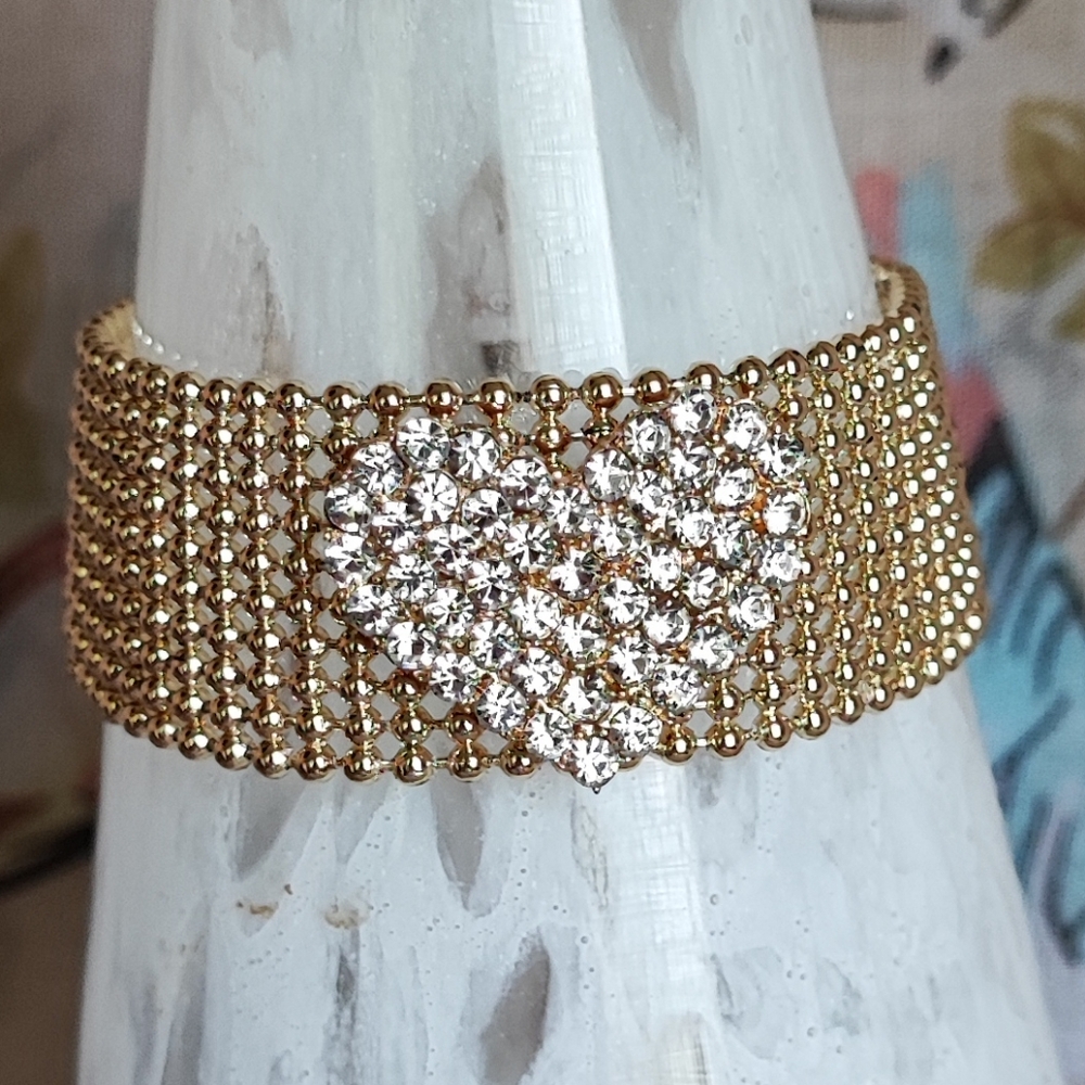 Gold Tone Vintage Ball Mesh Clear Crystal Heart Bracelet Extra Link NIB NWT - Picture 2 of 14